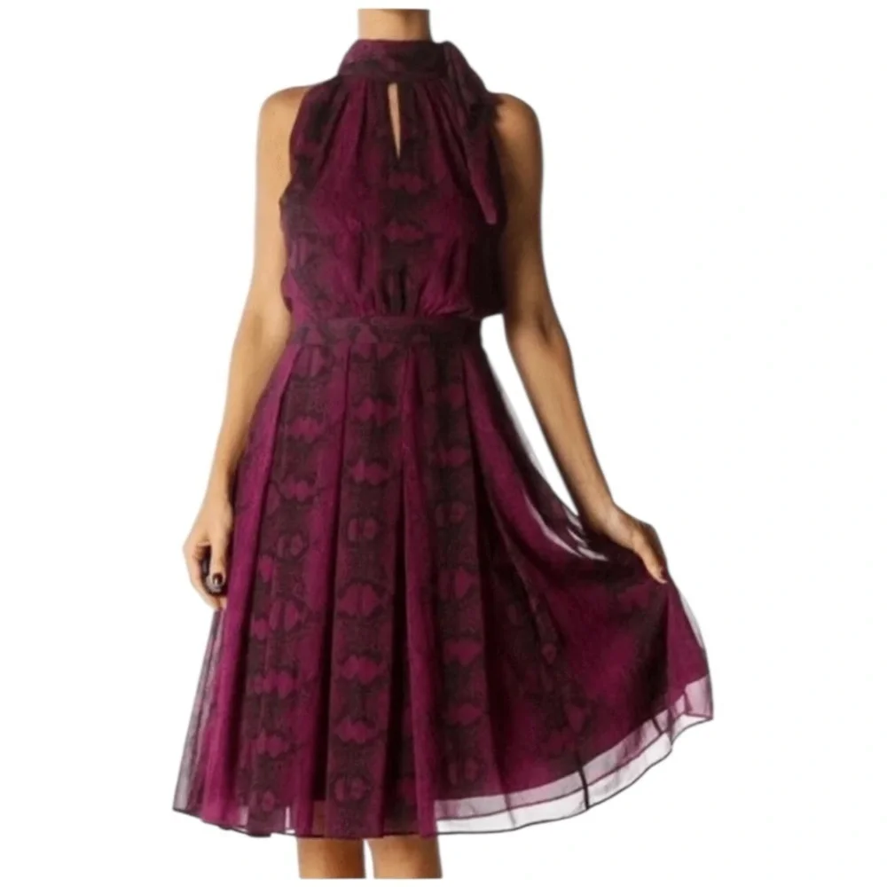 WHBM Fit & Flare Amethyst snake print Sleeveless halter Tie neck chiffon Dress - Picture 11 of 11
